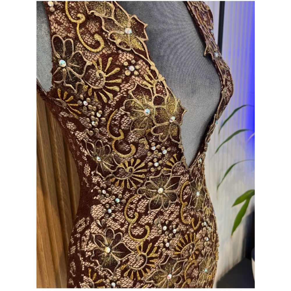 Handmade Boutique Maroon / brown/gold /sparkle floral dress size Small - Picture 3 of 4